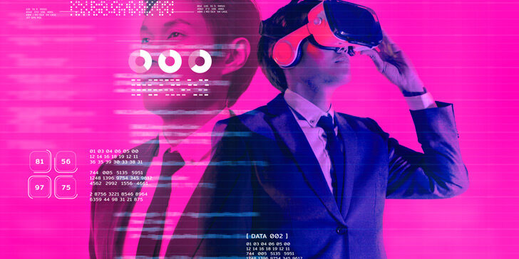 Metaverse digitale Cyberwelt-Technologie: 2 Männer im Business-Outfit, 1 mit VR-Brille